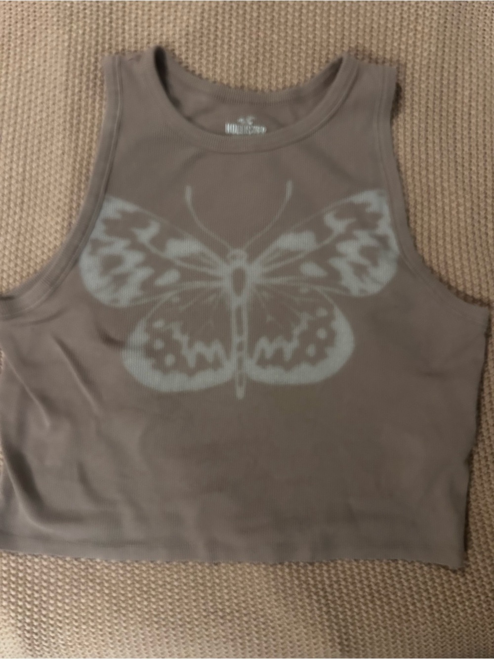 Hollister Women’s XL Butterfly Crop Tank Top Brown Ribbed Y2K 90s Style
